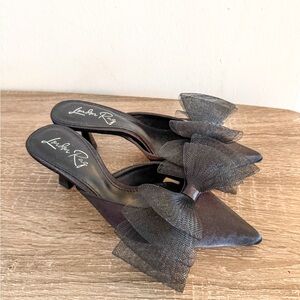 London Rag Black Mesh Bow, Pointy Toe, Backless Heels, size 5 1/2